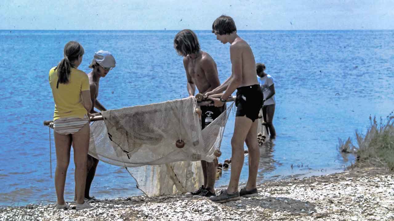 tudents learn to use seine nets during DISL class, circa 1975