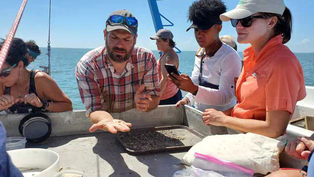 Teachers on a boat inspecting shells on a sorting table