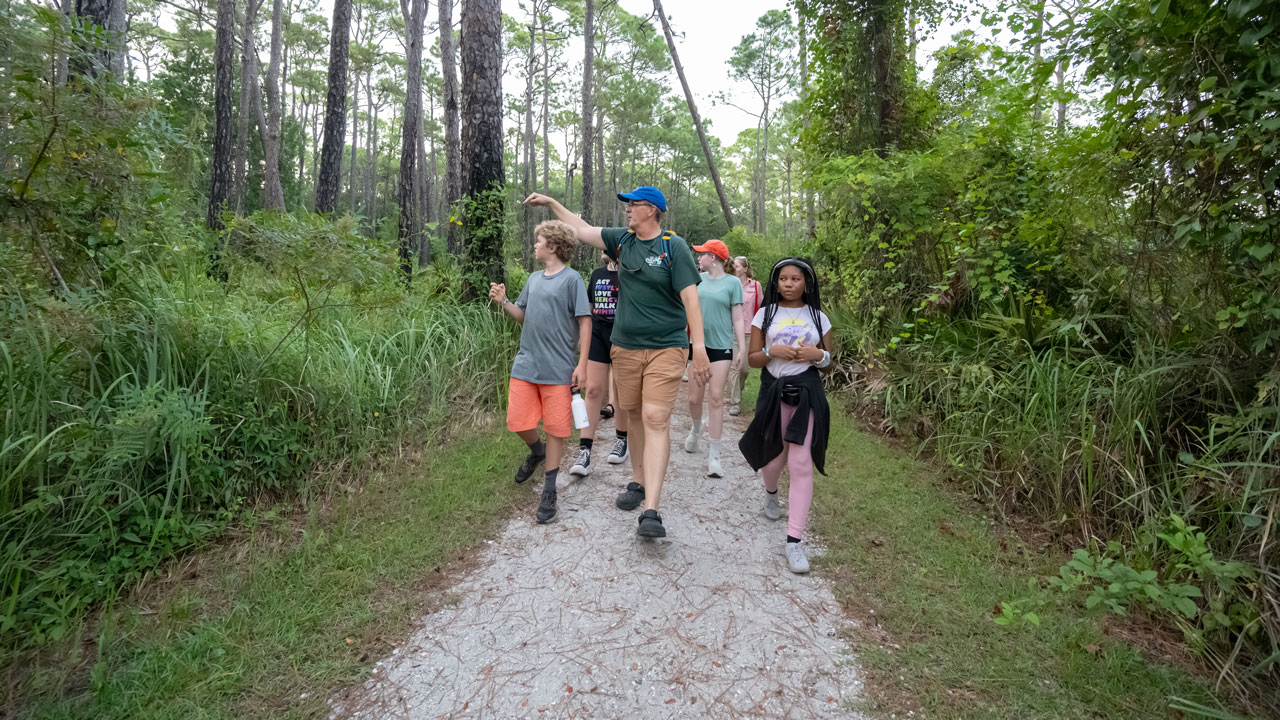 students walk with Greg Graeber in maritime forest.